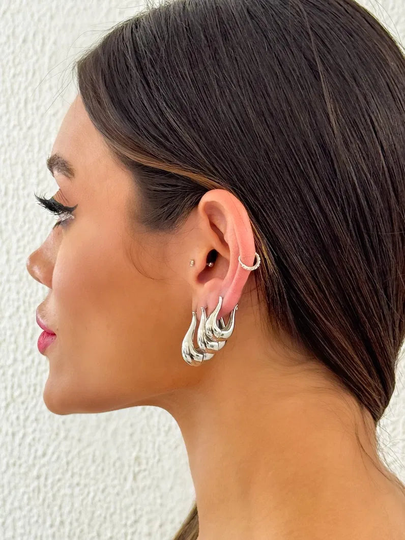 Trio de Brincos Folheado a Ouro 18k e Prata Argola Gota Fina - Prata