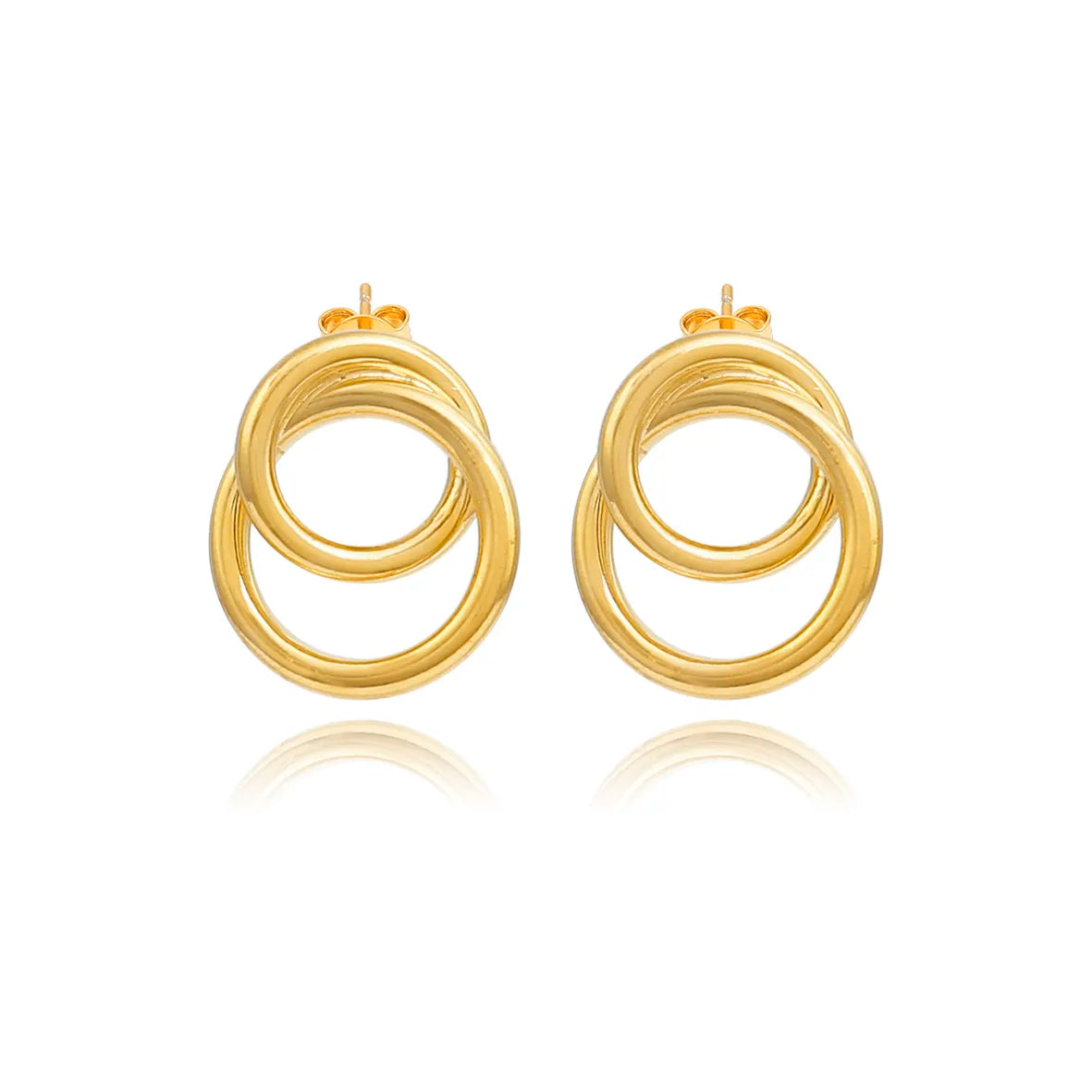 Brinco Médio 2 Círculos Entrelaçados Liso Folheado a Ouro 18k
