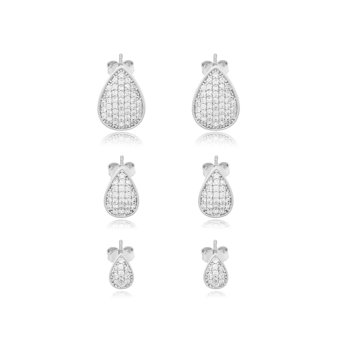 Trio de Brincos Pequenos Gota com Zircônias Folheado Ródio Branco