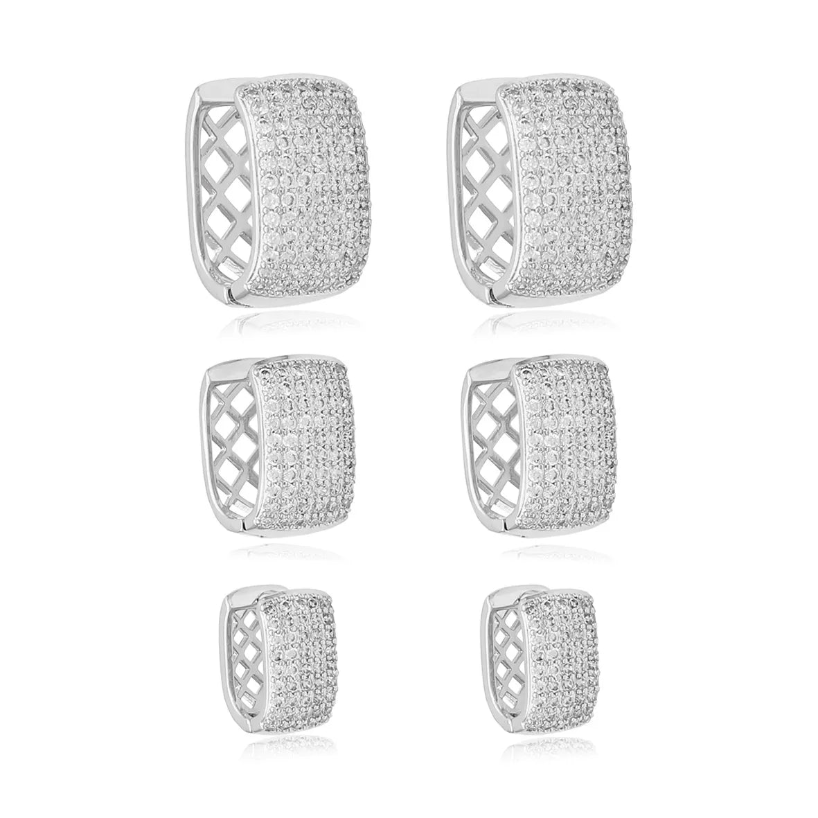 Trio de Brincos Argolas Largas Retangulares Cravejado Zircônias Folheado Ródio Branco