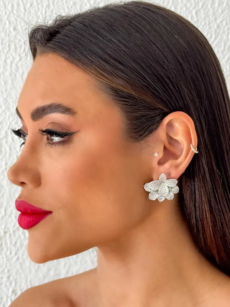 Brinco Folheado a Ouro 18k e Prata Flor Toda Trabalha na Micro zircônia - Prata