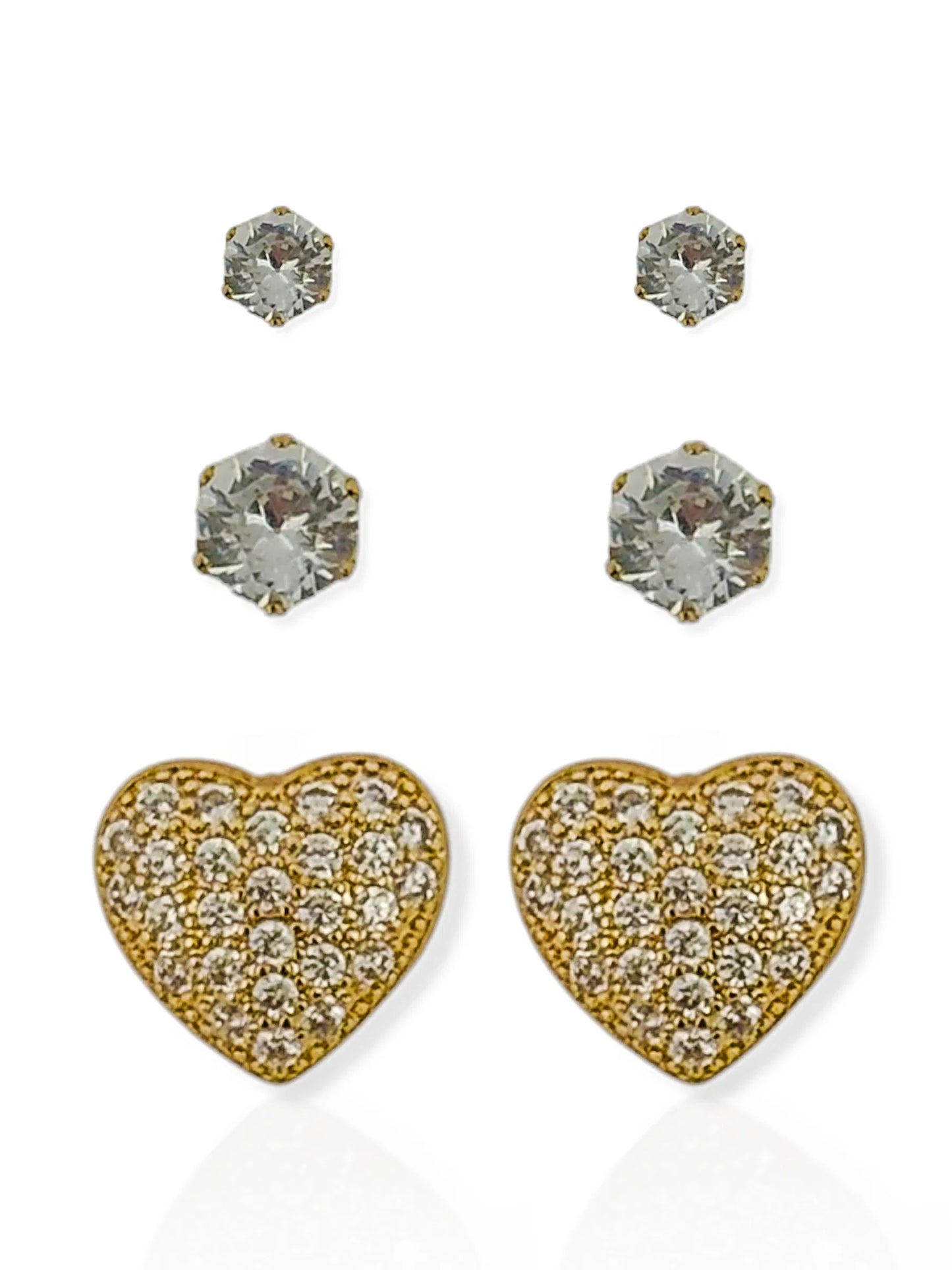 Trio de Brinco Folheado a Ouro 18k e Prata Ponto de luz e Coração cravejada - Ouro