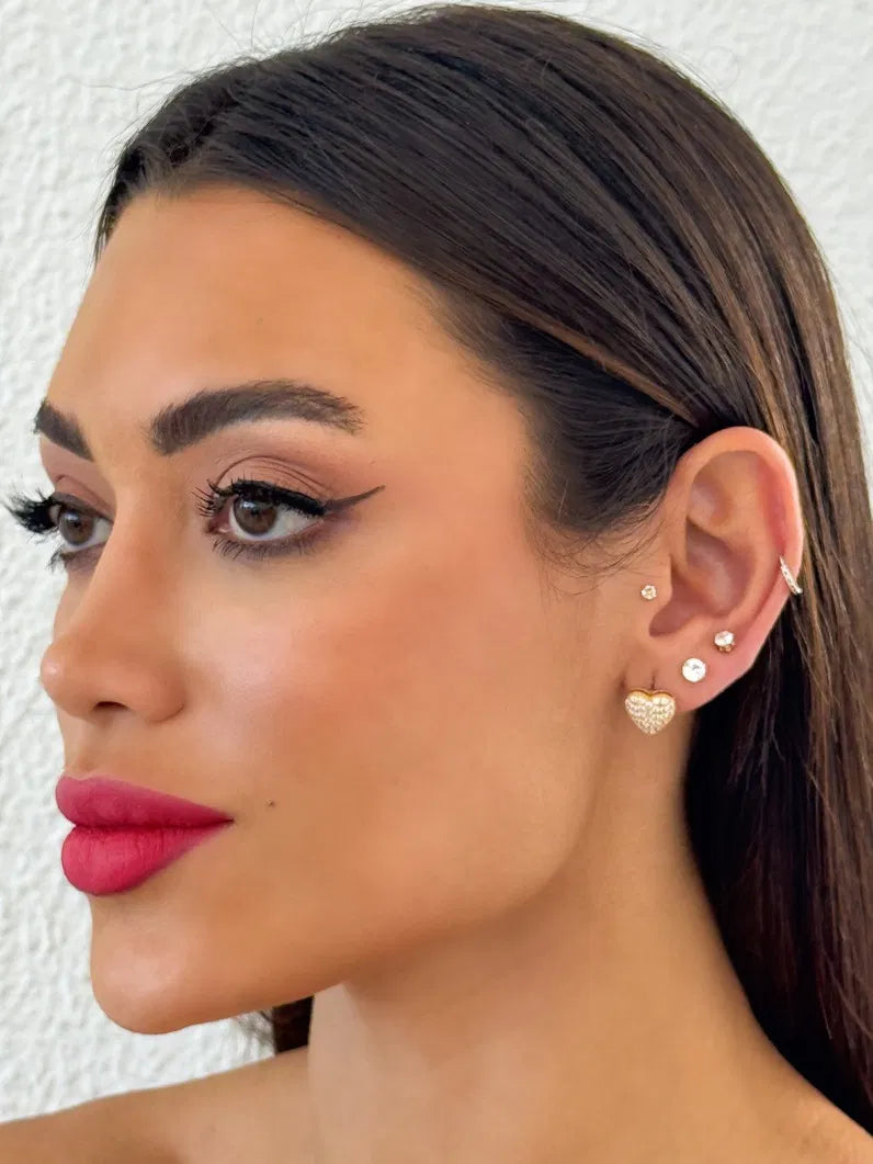 Trio de Brinco Folheado a Ouro 18k e Prata Ponto de luz e Coração cravejada - Ouro