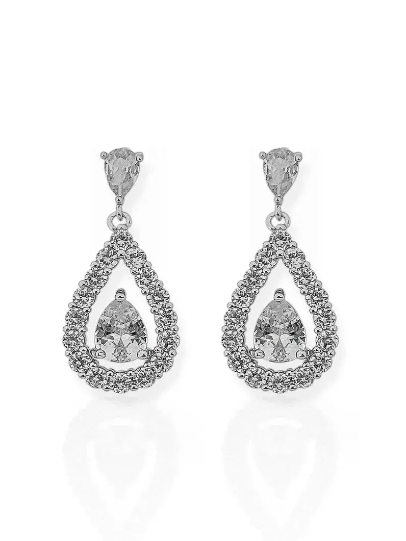 Brinco Folheada a Ouro 18k e Prata Gota Com Borda Cravejada - Prata