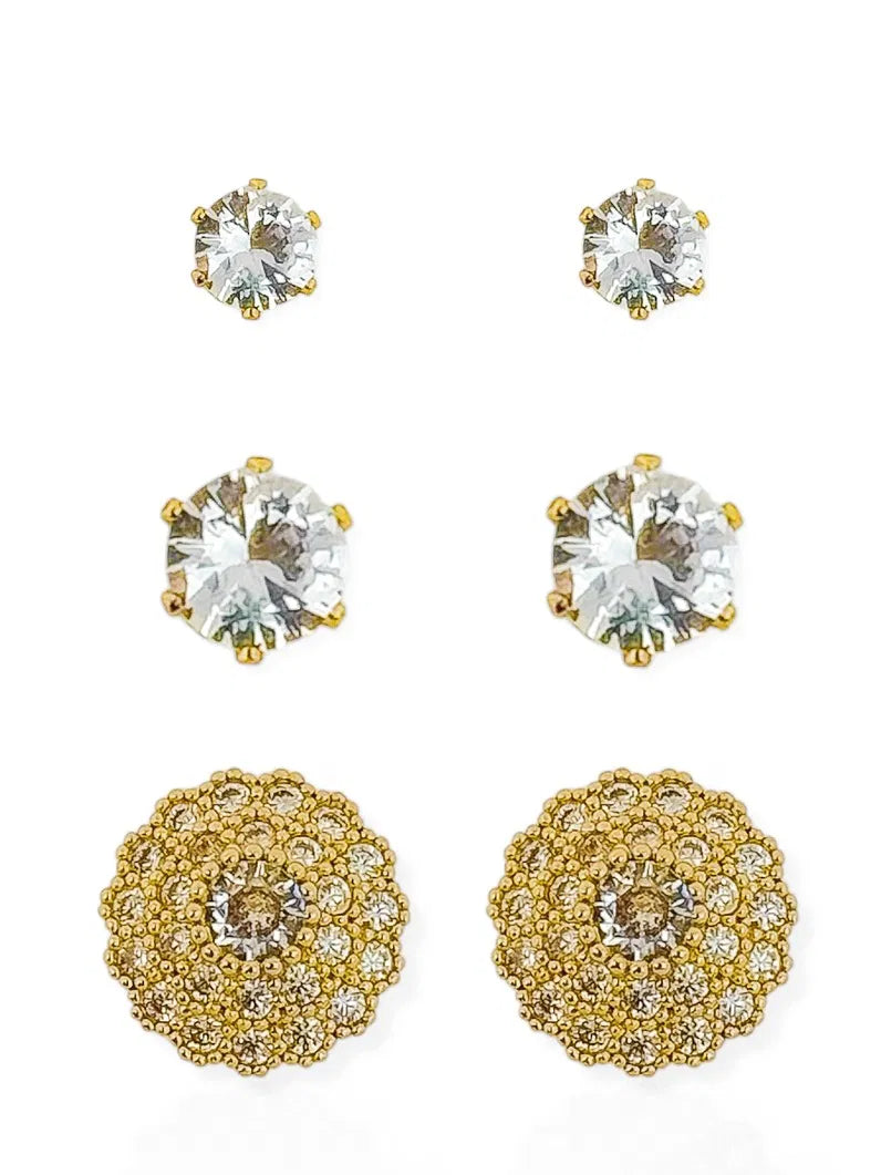 Trio de Brincos Folheado a Ouro 18k e Prata Pontos de Luz e Circulo com Degraus Cravejado - Ouro