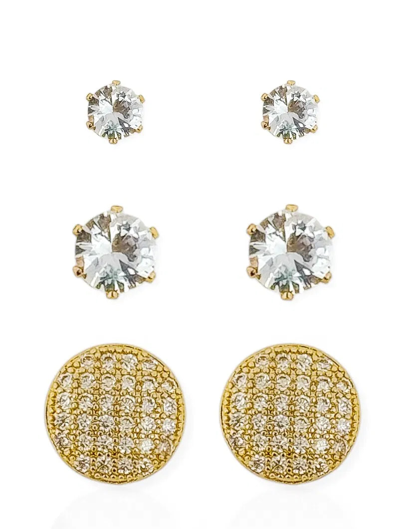 Trio de Brincos Folheado a Ouro 18k e Prata Pontos de Luz e Circulo Cravejado - Ouro
