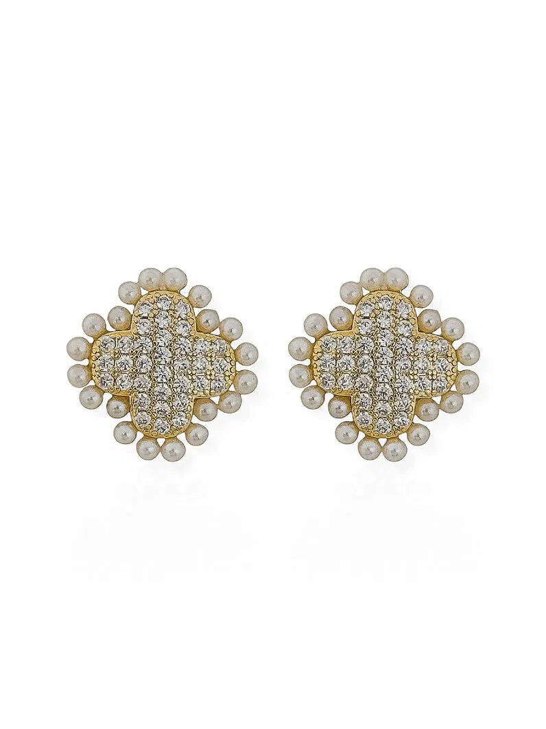 Brinco Folheado a Ouro 18k Inspiração Vg. Zircônia Com Borda de Pérola