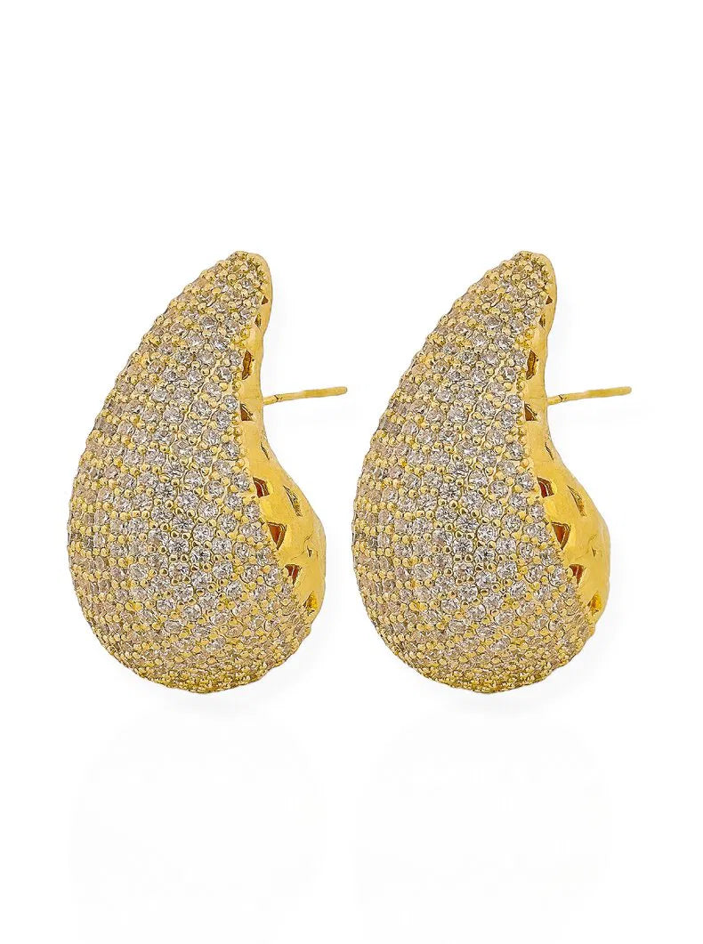 Brinco Folheado a Ouro 18k e Prata Gota Grande Cravejada - Ouro