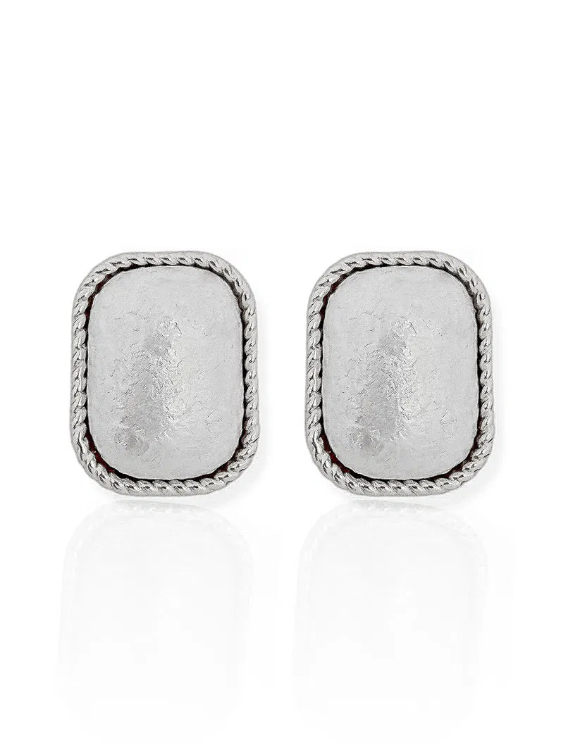 Brinco Folheado a Ouro 18k e Prata Perola Retangular Borda Texturizada - Prata