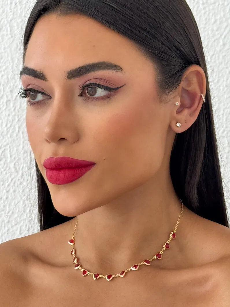 Choker Folheado a Ouro 18k e Prata Com Cristais Coração - Ouro- Vermelho