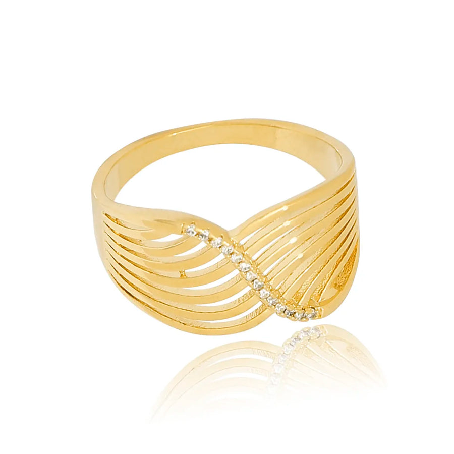 Anel Largo Zircônias Detalhes Ondulados e Vazados Folheado Ouro 18k