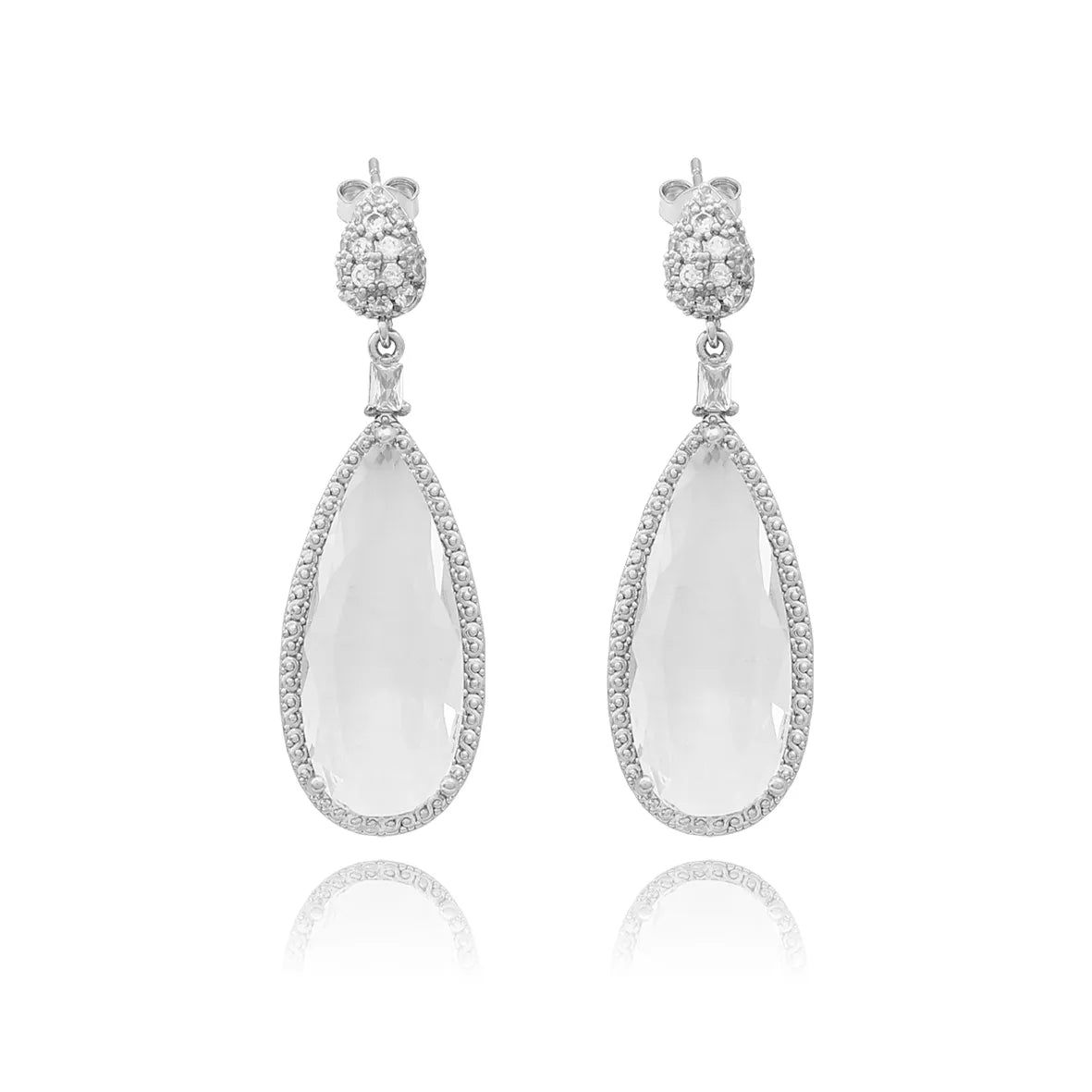 Brinco Pendente Gota com Zircônias Folheado Ródio Branco