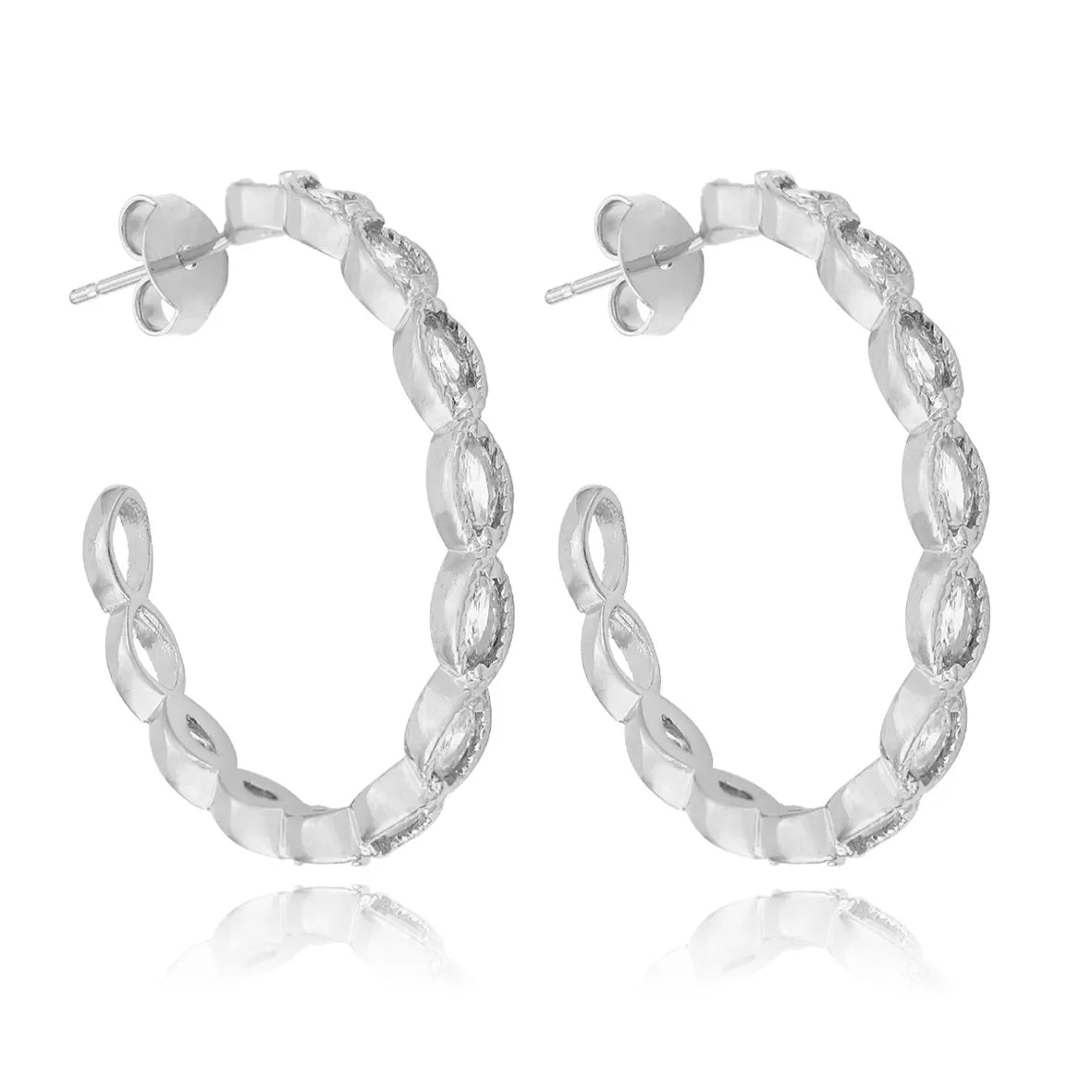 Brinco Argola Zircônias Ovais Folheado Ródio Branco