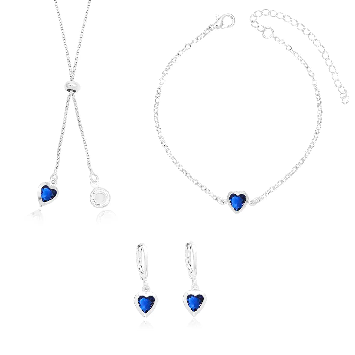 Conjunto Gravatinha + Brinco + Pulseira Coração Strass Folheado Prata 1000