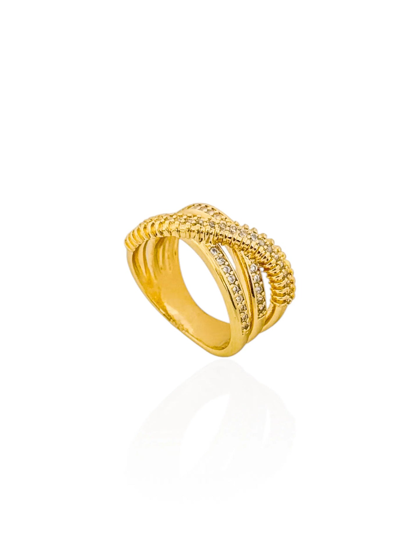 Anel Folheado a Ouro 18k e Prata Fios Cruzados Cravejados