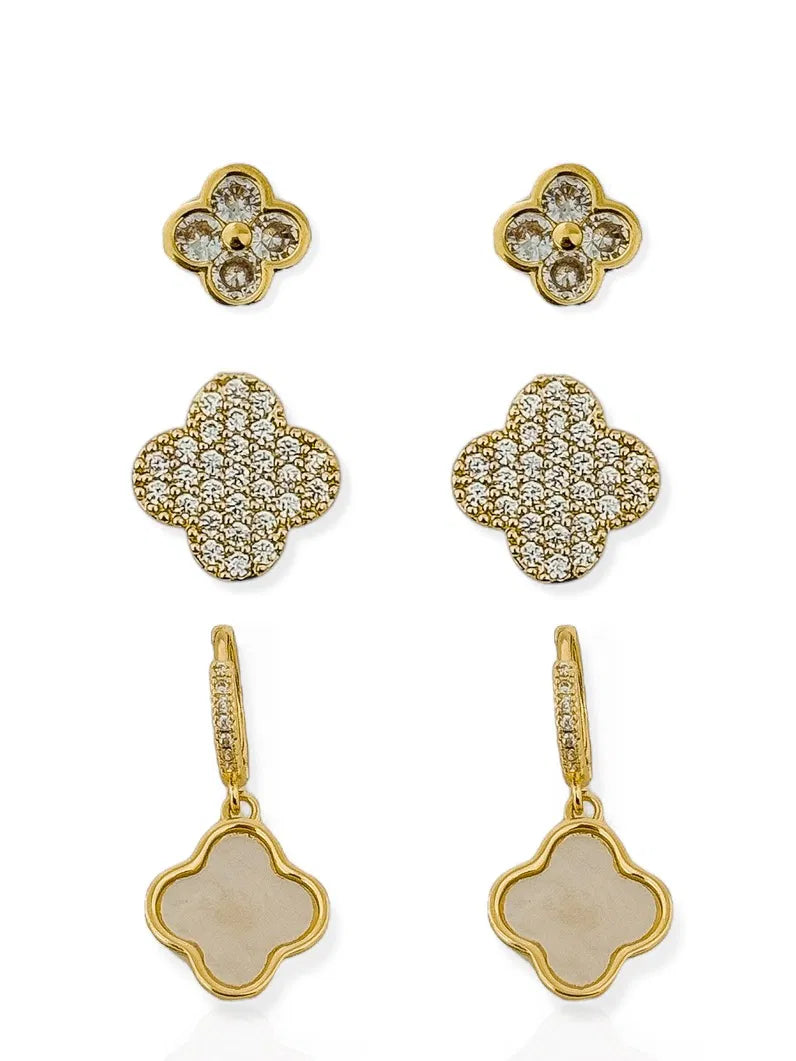 Trio de Brinco Folheado a Ouro 18k e Prata Inspiração Vg Resinada e Cravejada - Ouro - Branco