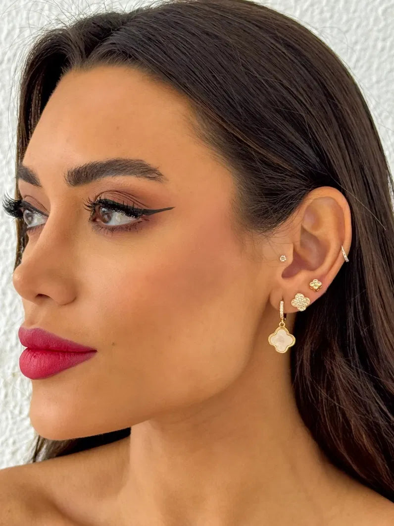 Trio de Brinco Folheado a Ouro 18k e Prata Inspiração Vg Resinada e Cravejada - Ouro - Branco