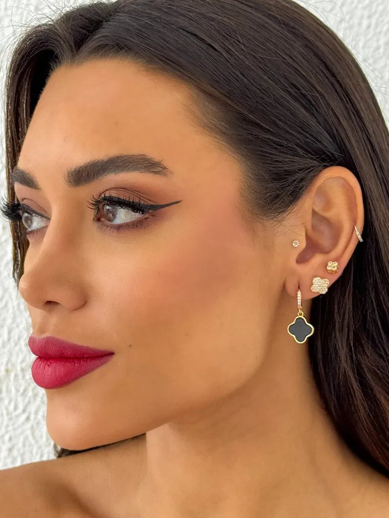 Trio de Brinco Folheado a Ouro 18k e Prata Inspiração Vg Resinada e Cravejada - Ouro - Preto