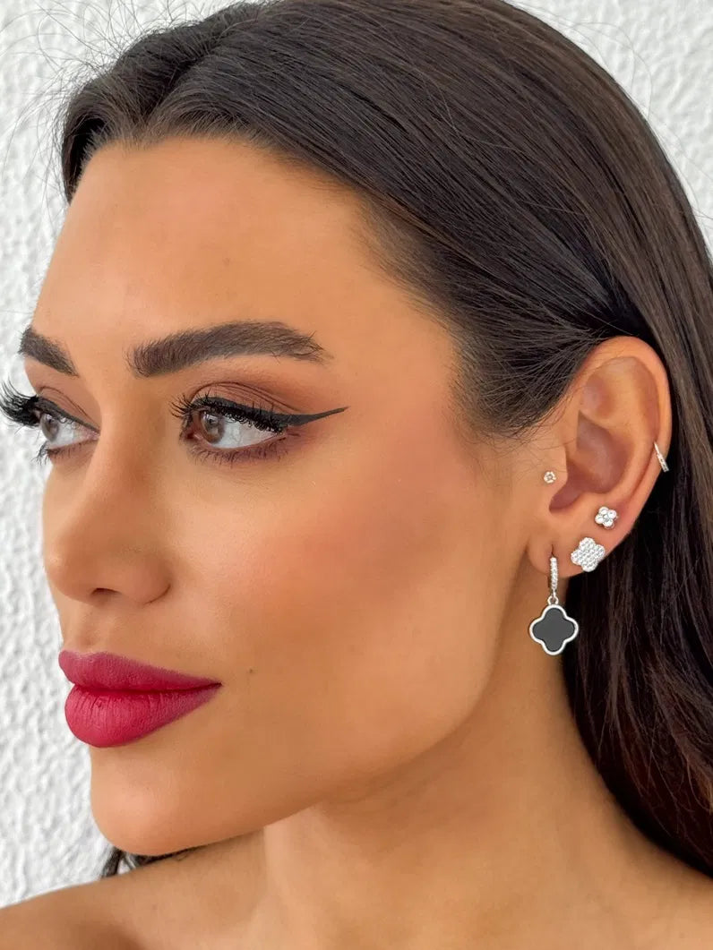 Trio de Brinco Folheado a Prata Inspiração Vg Resinada e Cravejada - Preto