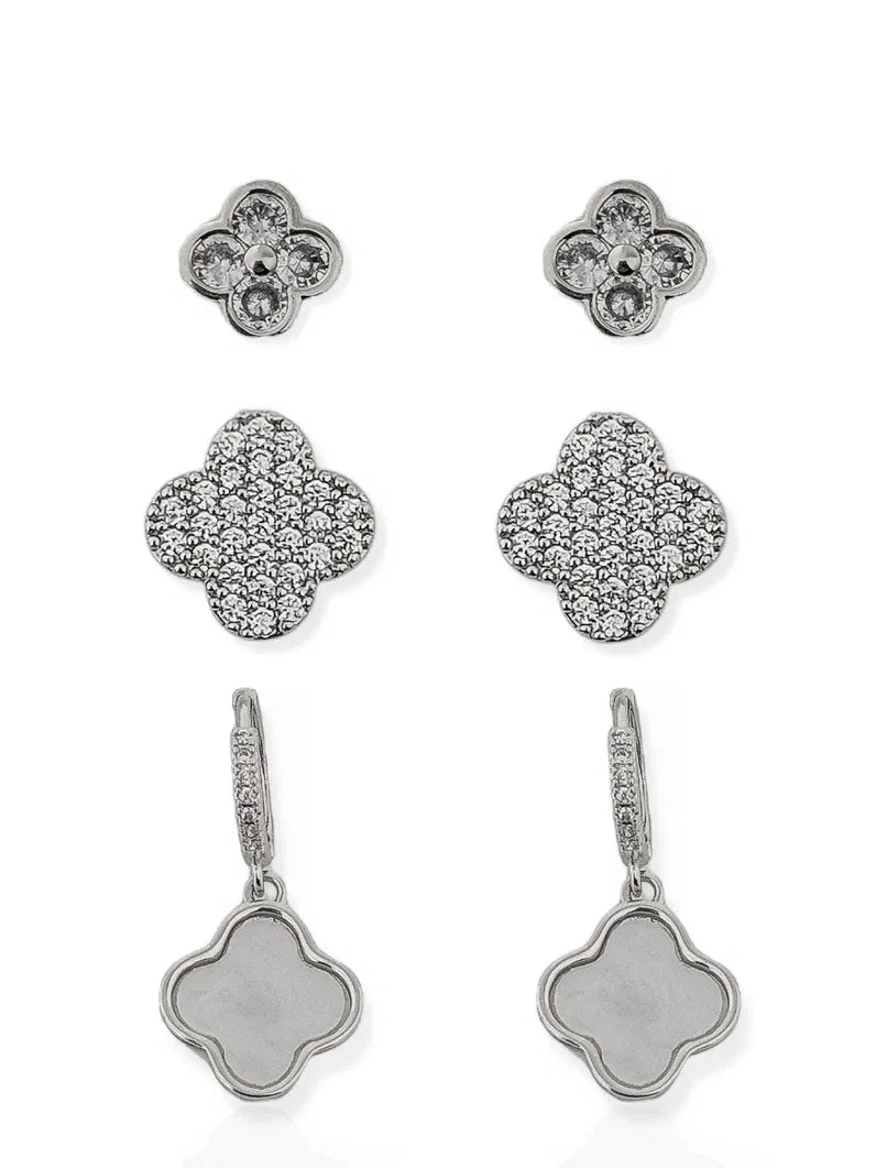 Trio de Brinco Folheado a Prata Inspiração Vg Resinada e Cravejada - Branco