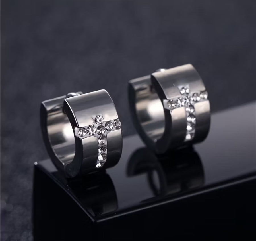 Brincos Cruzados de Aço Inoxidável Masculino - Prata