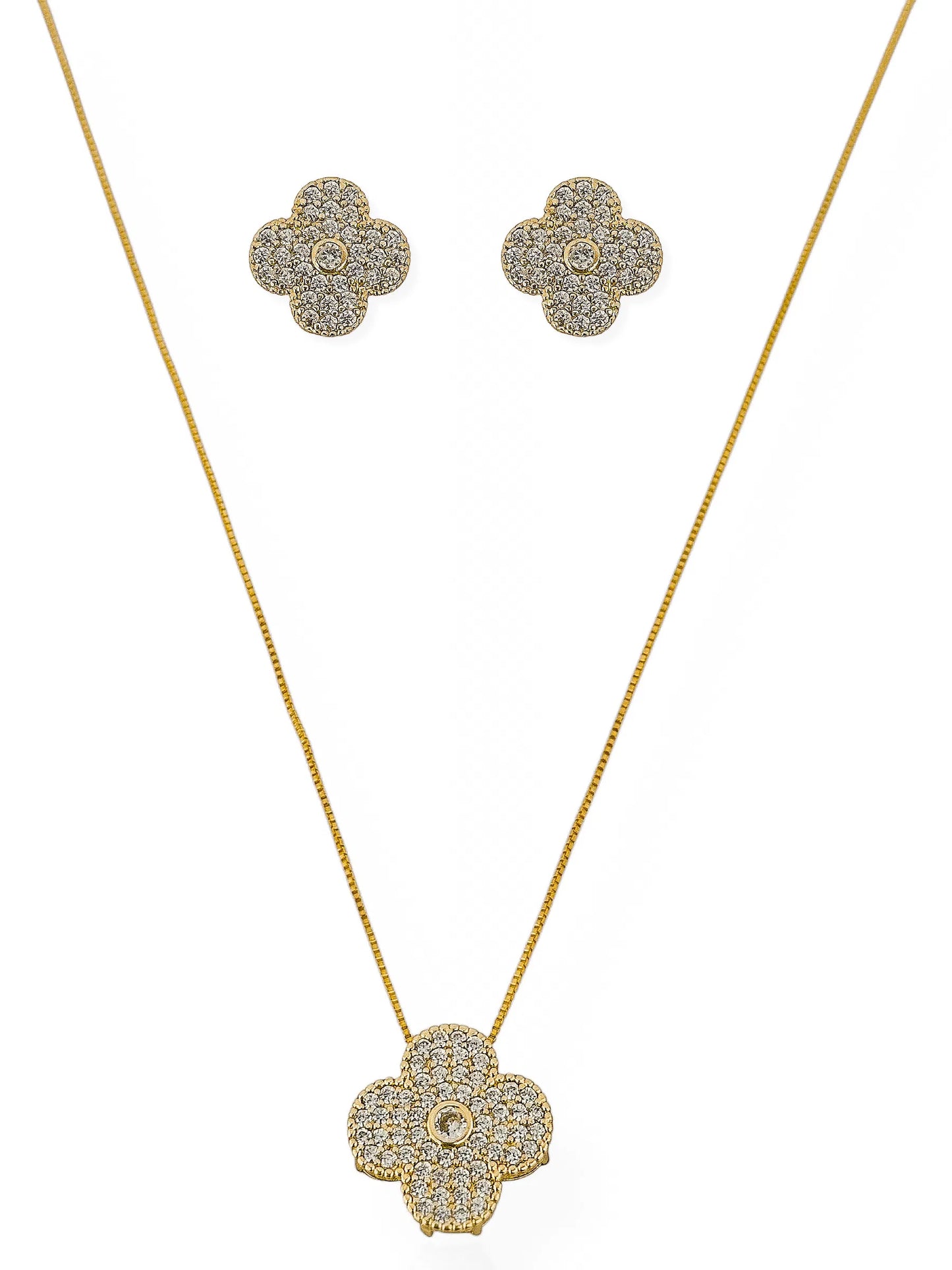 Conjunto Colar e Brinco Folheado a Ouro 18k e Prata Inspiação Vg Cravejado com Ponto de Luz - Ouro