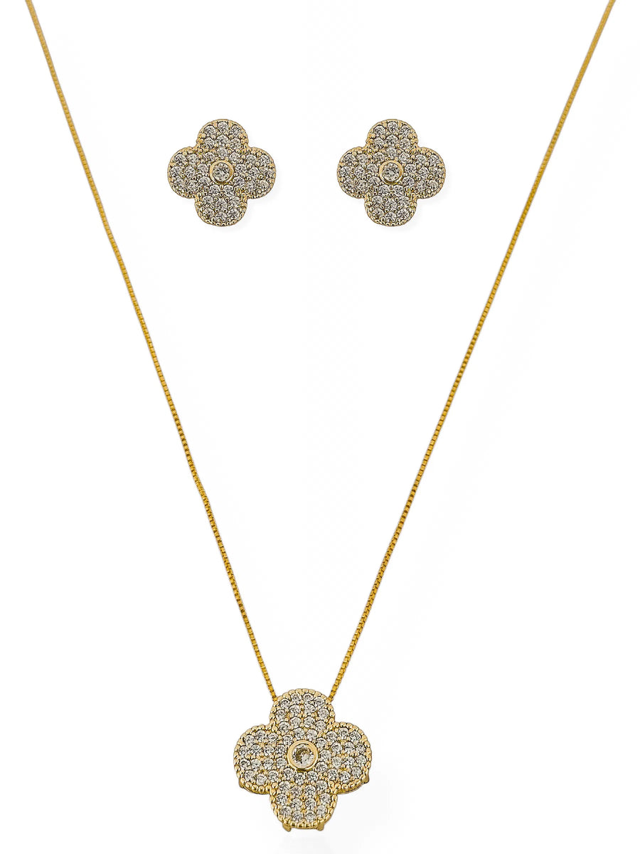 Conjunto Colar e Brinco Folheado a Ouro 18k e Prata Inspiação Vg Cravejado com Ponto de Luz - Ouro