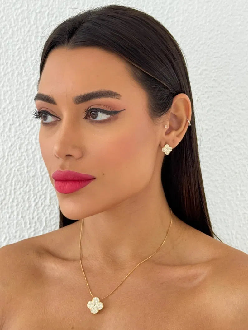 Conjunto Colar e Brinco Folheado a Ouro 18k e Prata Inspiação Vg Cravejado com Ponto de Luz - Ouro