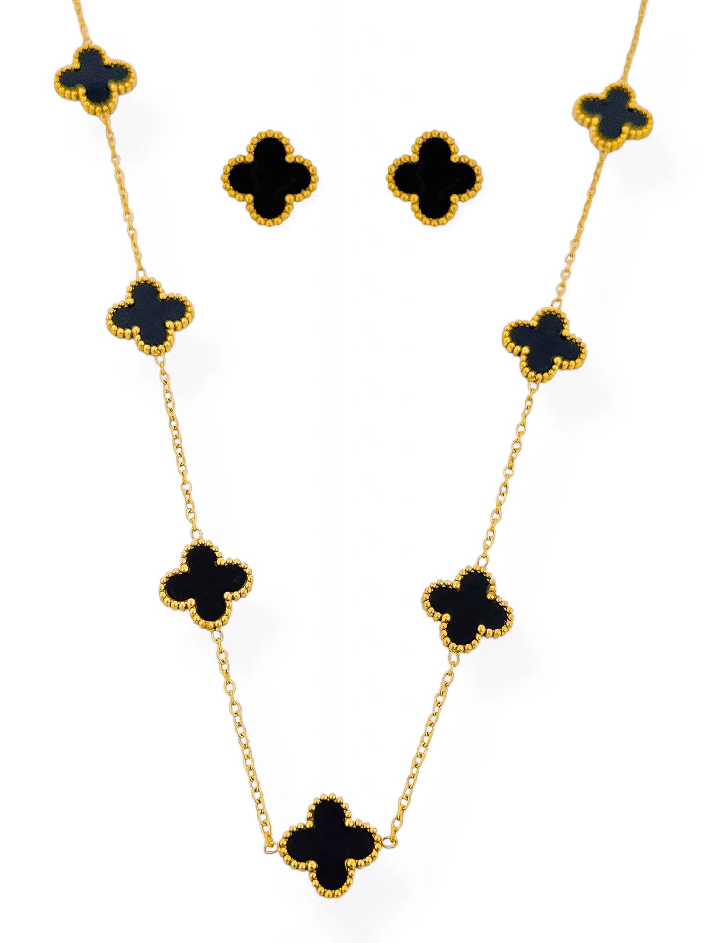 Conjunto Colar e Brinco Folheado a Ouro 18k e Prata Inspiração Vg. Resinada - Ouro - Preto