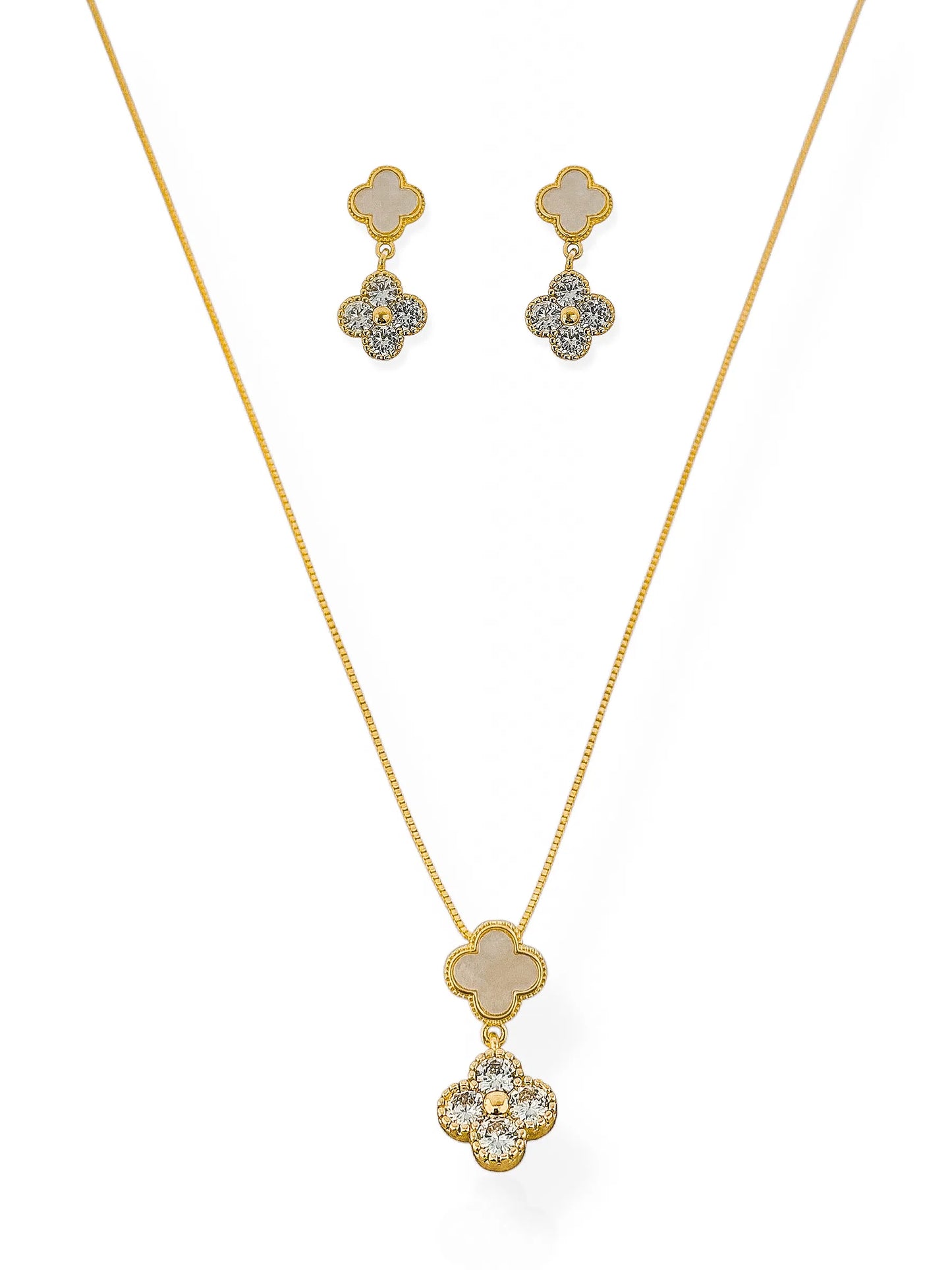 Conjunto Colar e Brinco Folheado a Ouro 18k e Prata Inspiração Vg. Resinada e Cravejada - Ouro - Branco