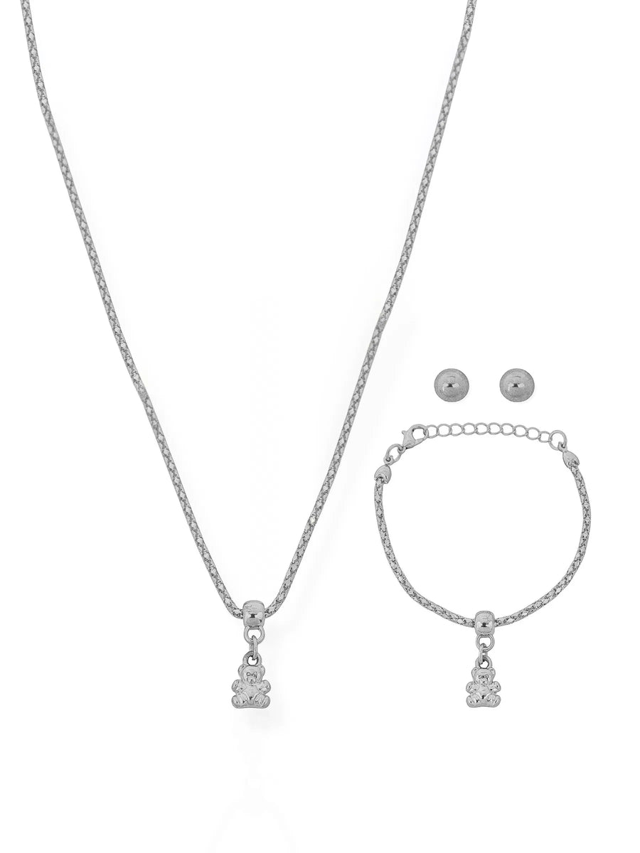 Conjunto Infantil Colar, Brinco e Pulseira Folheado a Ouro 18k e Prata Ursinhos - Prata