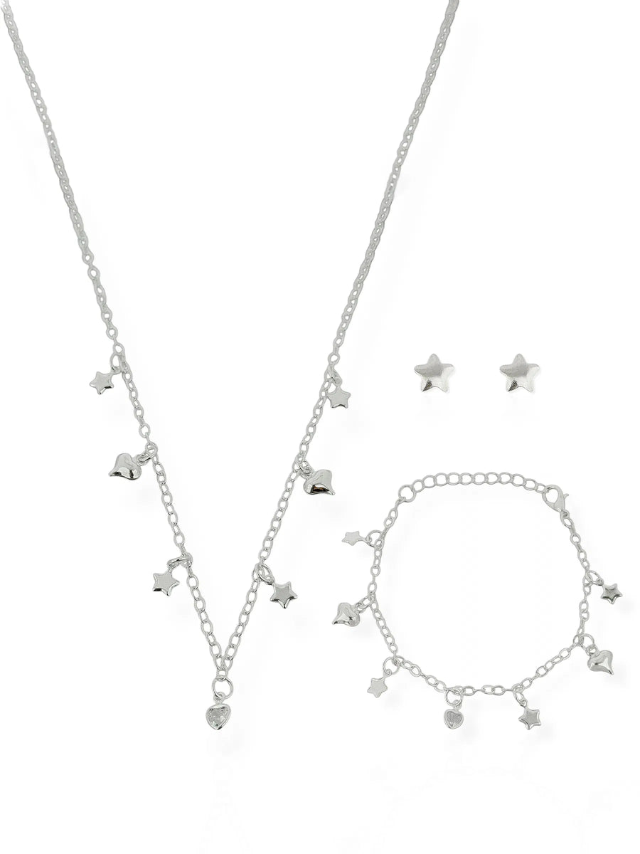 Conjunto Infantil Colar, Brinco e Pulseira Folheado a Prata Corações e Estrelas - prata