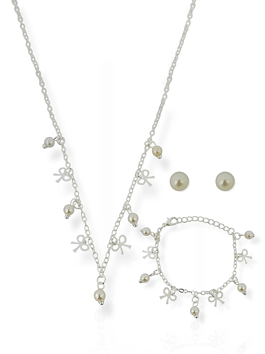 Conjunto Infantil Colar, Brinco e Pulseira Folheado a Prata Lacinhos e Perolas - prata