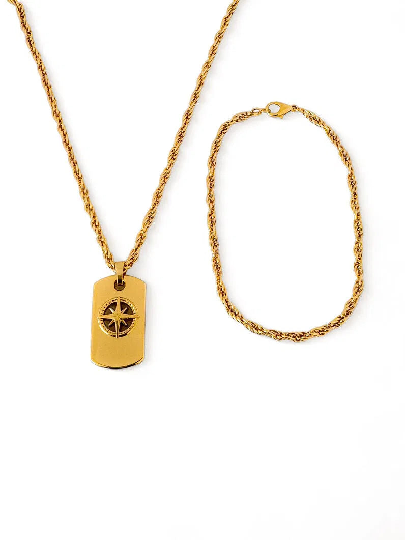 Conjunto Masculino Colar e Pulseira Semi Joia Elos Com Placa Estrela