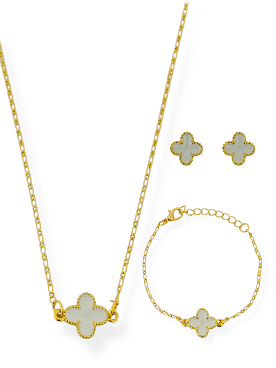 Conjunto Infantil Colar, Brinco e Pulseira Inspiração Resinada - Ouro - Off White
