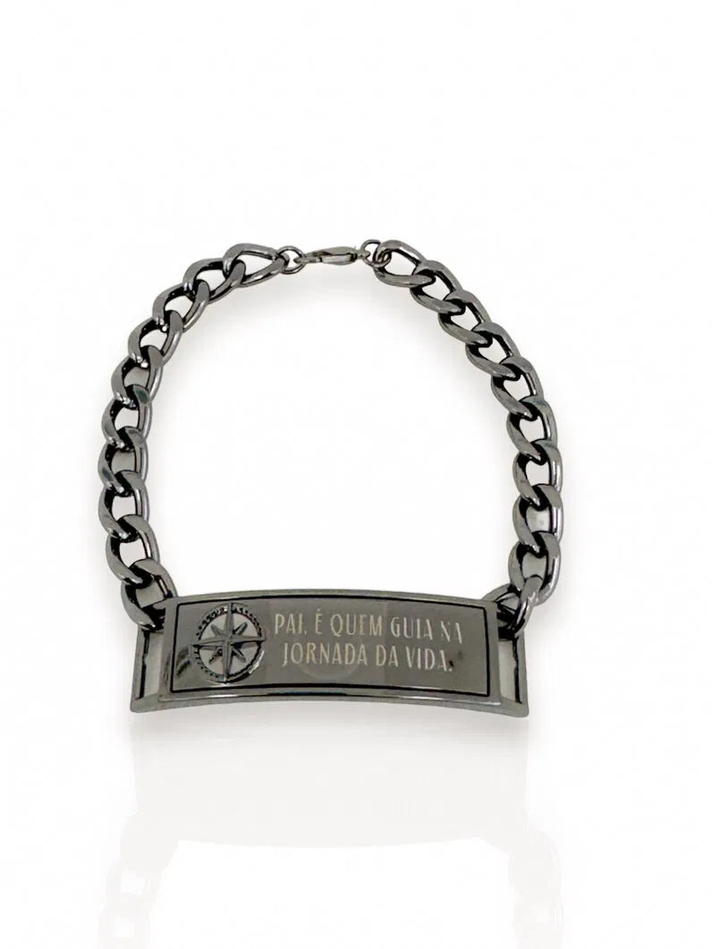 Pulseira Semi Joia Masculina Bússola Com Frase "Pai, é quem guia na jornada da vida"
