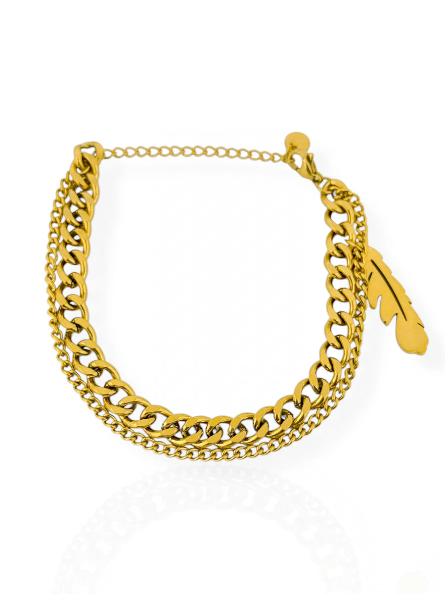 Pulseira de Aço Inoxidavel Folheada a Ouro 18k Elos Gourmet e Folha