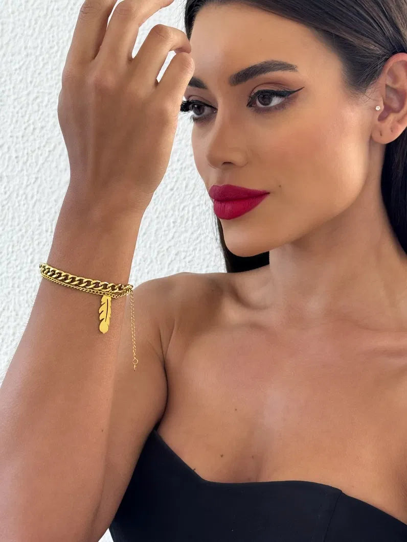 Pulseira de Aço Inoxidavel Folheada a Ouro 18k Elos Gourmet e Folha