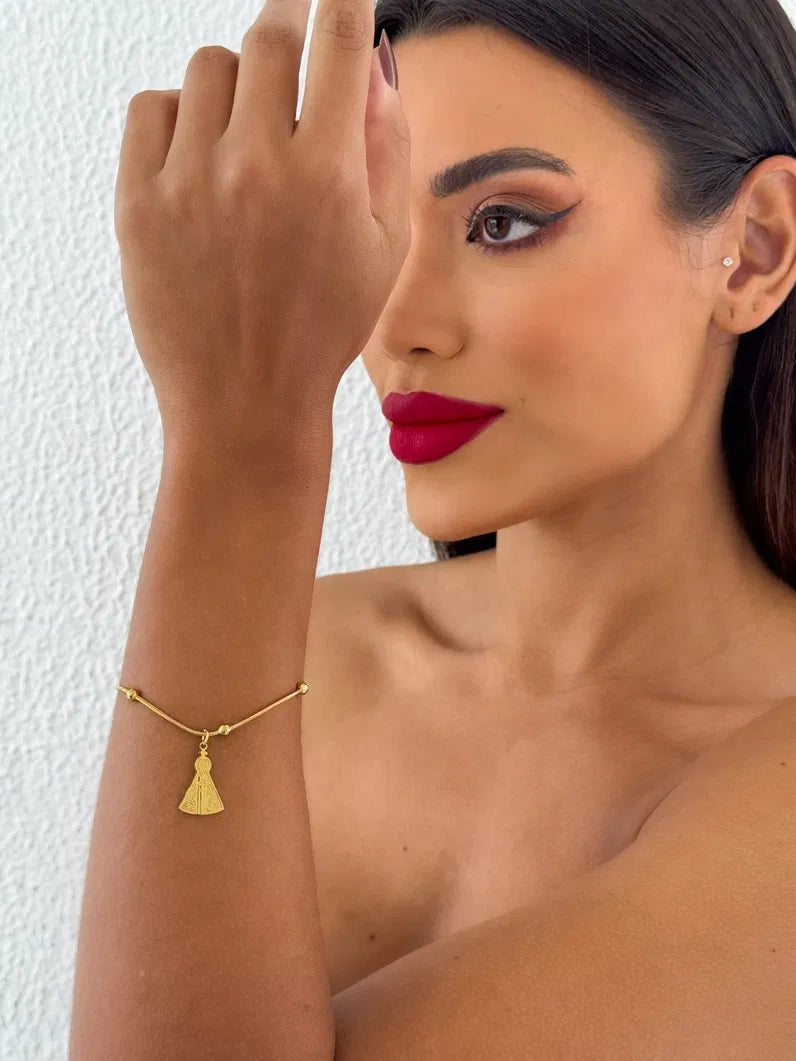 Pulseira de Aço Inoxidável Folheada a Ouro 18k Nossa Senhora