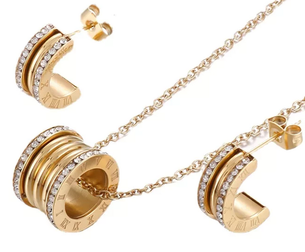 Conjunto Colar e Brinco Cilíndrico com Cristais – Luxo Minimalista - Ouro