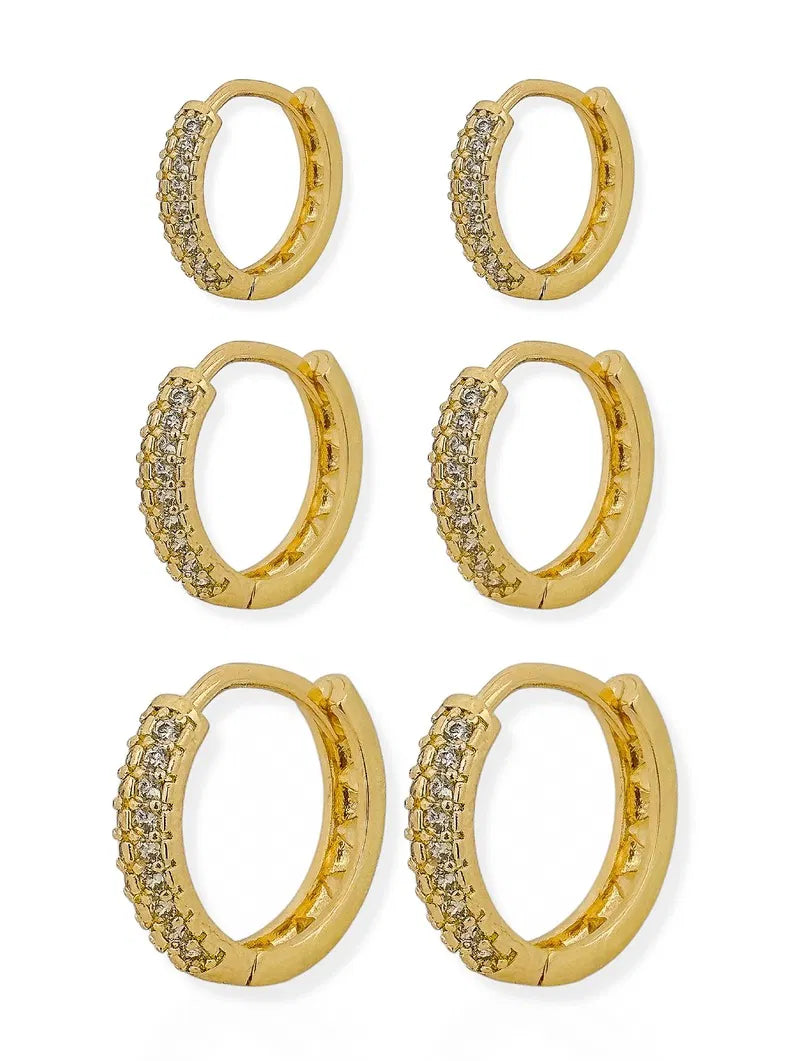 Trio de Brincos Folheado a Ouro 18k e Prata Argola Cravejada com Microzirconias - Ouro