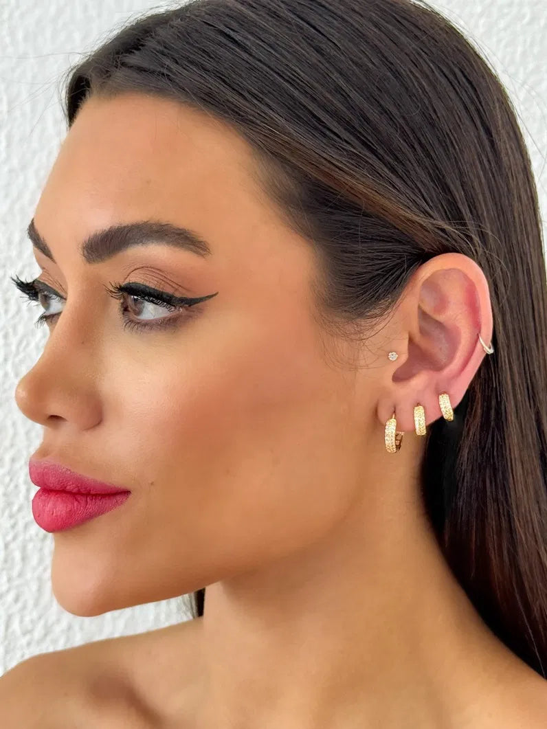 Trio de Brincos Folheado a Ouro 18k e Prata Argola Cravejada com Microzirconias - Ouro