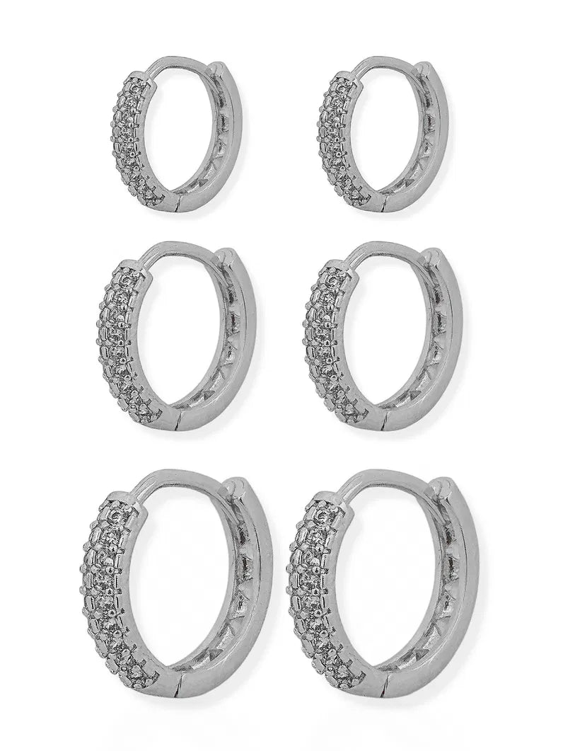 Trio de Brincos Folheado a Ouro 18k e Prata Argola Com Microzircônia - Prata